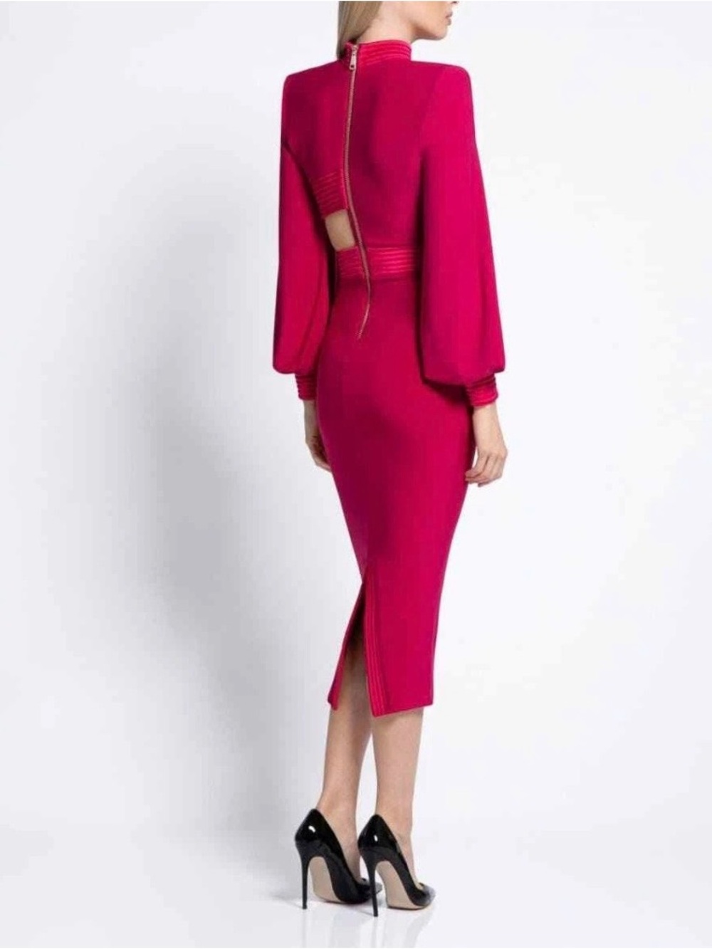 Zhivago Fuchsia Midi Dress with Cutout Waist and Bishop Sleeves, pre-owned. Sz 8 - Picture 2 of 16